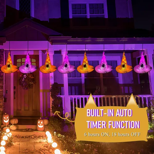 Miniatura 6 de WATERGLIDE Decoraciones de Halloween, 8 sombreros de bruja colgantes iluminados, con 8 modos de iluminación, cadena de luces de Halloween de 16
