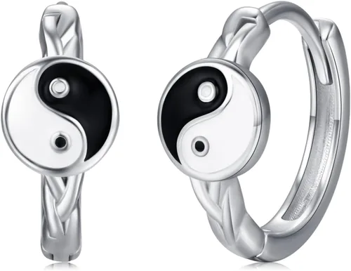 Yin Yang - Aretes de plata de ley 925, aretes de aro de Yin Yang Huggie de Yin Yang, joyería de regalo para hombres y mujeres, Plata de ley, plata