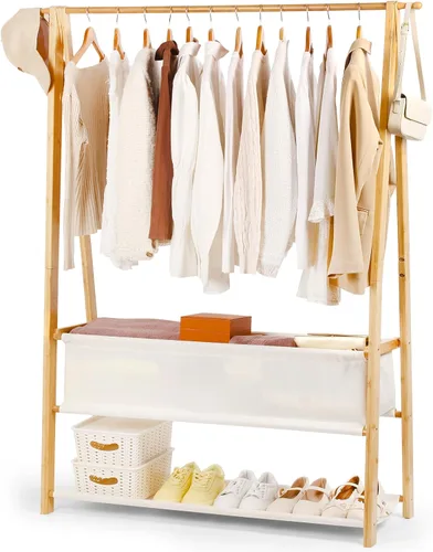 Miniatura 9 de Perchero de bambú con caja de almacenamiento y estante de almacenamiento, perchero portátil extra grande para ropa, armario plegable para entrada