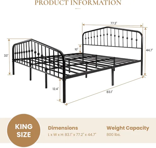 Miniatura 2 de SHA CERLIN Marco de Cama de Plataforma de Metal Tamaño King con Cabecero/Pie de Cama de Arte de Hierro Forjado Estilo Victoriano, No Requiere Negro