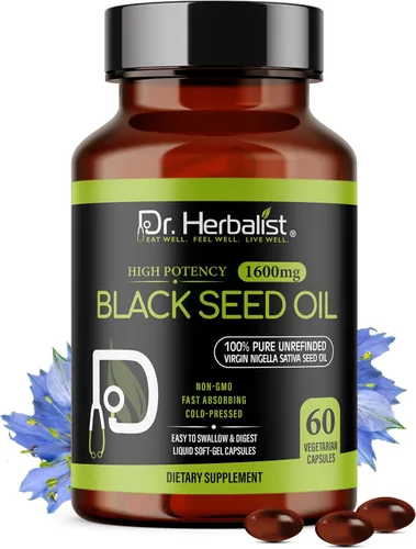 Dr. HERBALIST Cápsulas de aceite de semilla negra de 1600 mg - Aceite de semilla de comino negro prensado en frío, Nigella Sativa - 60 cápsulas