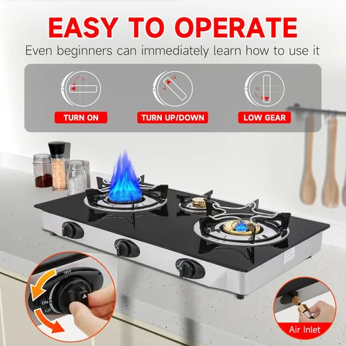 Miniatura 4 de Cocina de gas propano, estufa de gas de 3 quemadores portátil, vidrio templado de 0.28 pulgadas, encendido automático, 3 quemadores GLP para RV