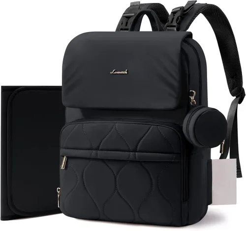 LOVEVOOK Mochila para pañales, bolsas de viaje para bebés para niños y niñas, bolsa de pañales impermeable con cambiador (todo negro, 15.6 pulgadas,