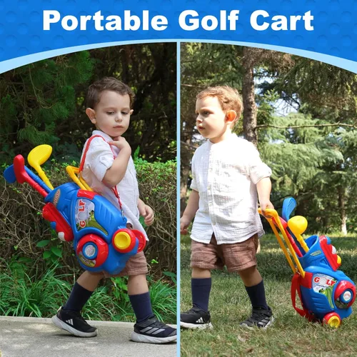 Miniatura 8 de Juego de golf para niños y niñas de 1, 2, 3, 4 años, carrito de golf mejorado para niños con 3 palos y 8 bolas, juguetes deportivos para interiores
