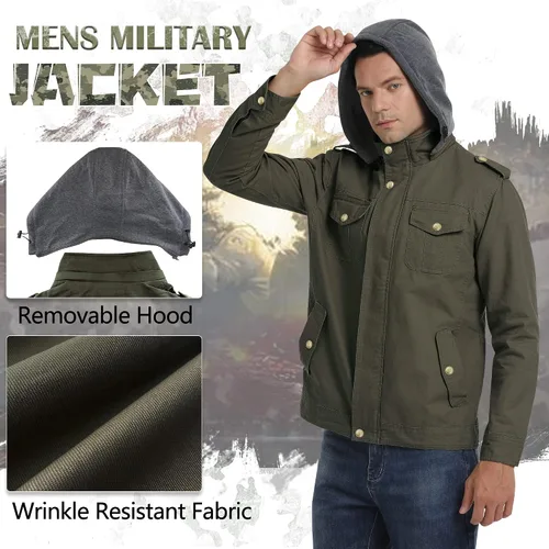 Miniatura 2 de Chaqueta militar para hombre, casual, de algodón, ligera, rompevientos con capucha extraíble