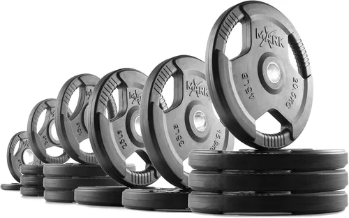 Miniatura 6 de XMARK TRI-GRIP - Par o juego de discos de peso olímpicos, pesas de ejercicio con revestimiento de goma para barra olímpica, juego de pesas