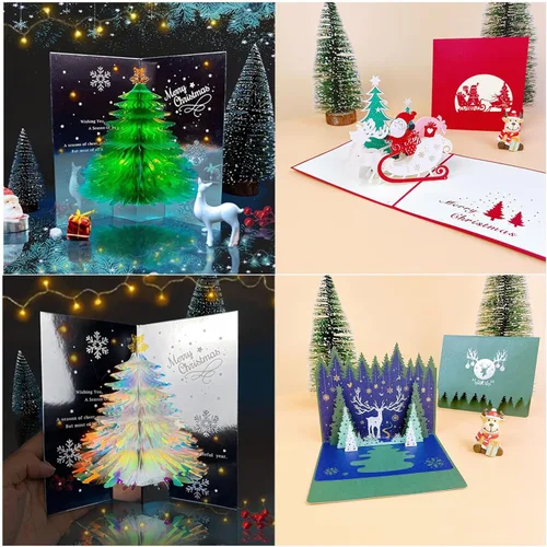 Miniatura 2 de Tarjeta desplegable 3D única de árbol de Navidad, tarjeta de felicitación con purpurina para árbol de Navidad, tarjeta tridimensional de cristal