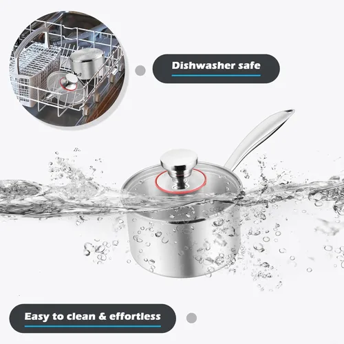Miniatura 8 de E-far Cacerola de 1 cuarto de galón, sartén de acero inoxidable de tres capas con tapa de vidrio, pequeña olla de inducción de cocción compatible