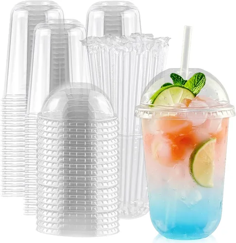 Miniatura 10 de Qsqwsuye Juego de 50 vasos desechables de plástico transparente de 12 onzas con tapas de cúpula y pajitas, vasos de plástico duraderos para fiestas