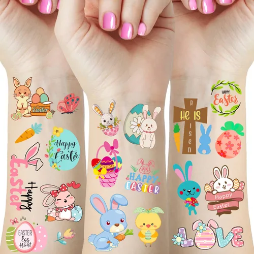 66 tatuajes de Pascua, 12 hojas coloridas de huevos de conejo, pollo, flores de primavera, calcomanías de mariposa para relleno de huevos de Pascua,