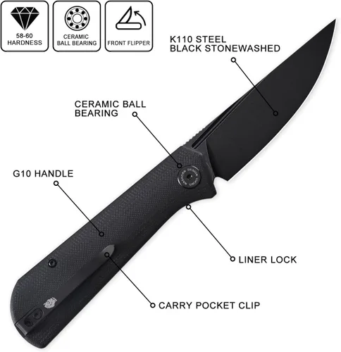 Miniatura 2 de Petrified fish Navaja de bolsillo PFP07 Viking, 3.62 pulgadas K110 Hoja negra lavada a la piedra, mango G10 de 4.23 onzas con bloqueo frontal Negro