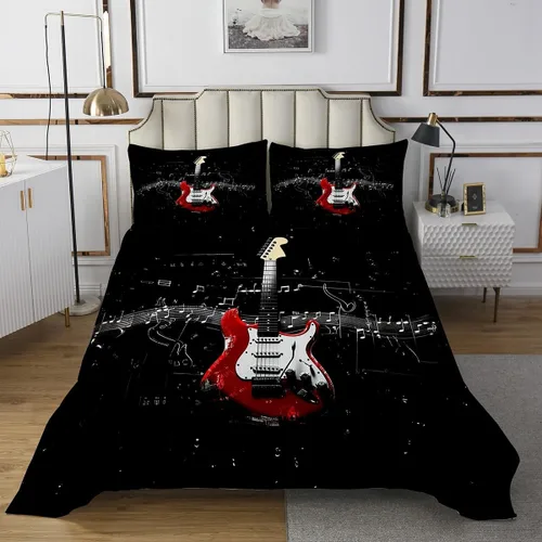 Miniatura 9 de Homewish Colcha de guitarra roja tamaño individual, juego de ropa de cama de música Hip Pop para decoración de habitación de niños y niñas, juego