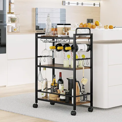 Miniatura 3 de Carrito de Servicio para Bar Doméstico, Carrito de Servicio con Ruedas y Mango, Carrito de Cocina Rodante de 3 Niveles, Carrito para Microondas