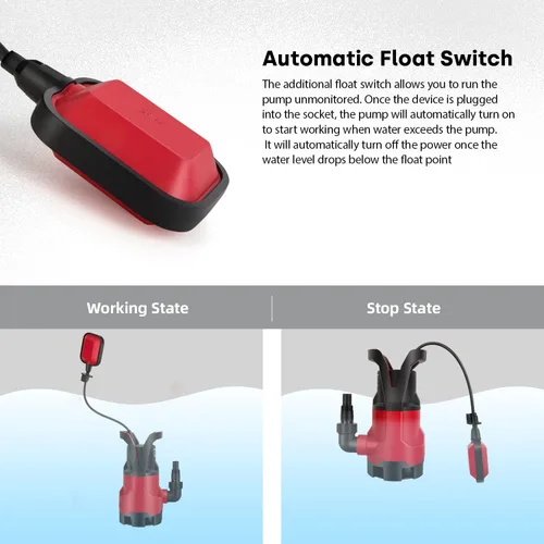 Miniatura 5 de Bomba de sumidero, bomba de agua eléctrica sumergible de 1 HP con interruptor de flotador automático de 3700 GPH para drenaje de piscina, bañera