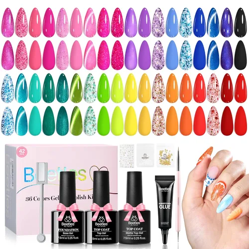 Miniatura 12 de Beetles - Set de 20 esmaltes de gel p/decoración de uñas, colección Fall Yard, purpurina naranja/marrón/rojo/azul marino, semipermanente, LED c/capa