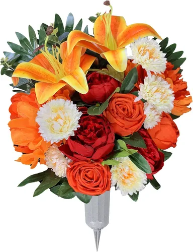 HENOMO Flor de cementerio artificial con jarrón para lápida, decoración de tumbas al aire libre, ramo conmemorativo arreglado por floristas: mezcla