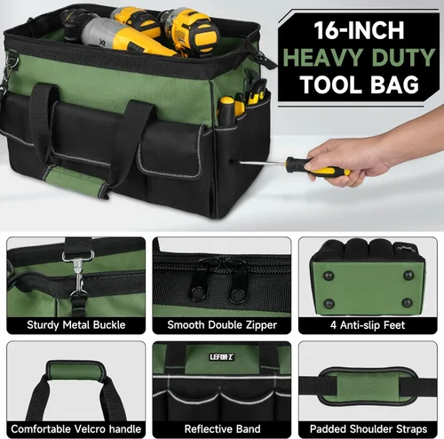 Miniatura 5 de Bolsa de herramientas, bolsa de herramientas resistente de 16 pulgadas para hombres, organizador de caja de herramientas con 27 bolsillos, bolsa