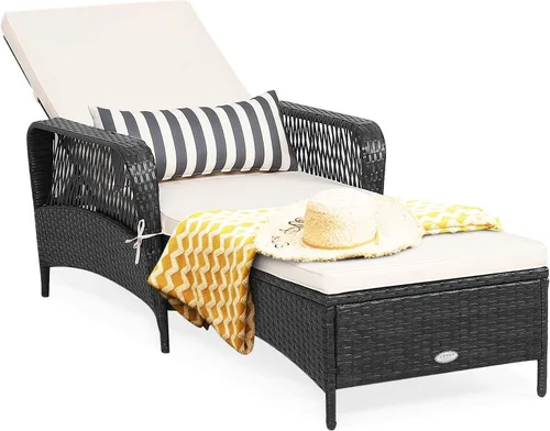 HAPPYGRILL Tumbona de patio al aire libre de mimbre reclinable con cojín grueso, almohada lumbar, respaldo ajustable para jardín, porche, césped,