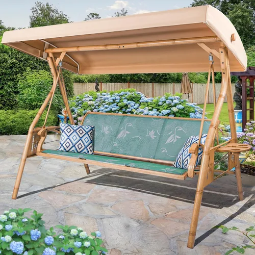 ZZW Columpio de patio para 3 personas para adultos con toldo ajustable y portavasos mejorados, tela de textileno, silla de columpio con soporte Verde