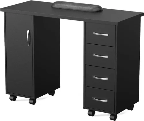OmySalon Mesa de Manicura con Gabinete, Cajones, Ruedas y Reposamuñecas, Estación de Trabajo de Madera para Salón de Spa y Belleza, Equipo de Arte