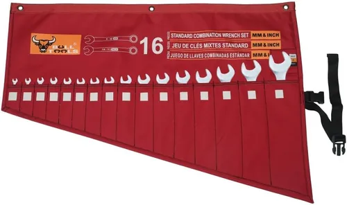 Miniatura 3 de BULL TOOLS Organizador de rollos de herramientas con 16 bolsillos para llaves, lona de poliéster balístico impermeable métrica y SAE, bolsa de Rojo