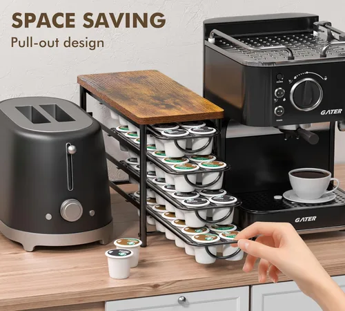 Miniatura 5 de HFHOME Soporte para cápsulas de café con parte superior de madera, compatible con K-Cups, cajón de almacenamiento de cápsulas de café de 4 niveles