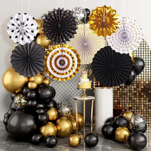 Miniatura 5 de SUNBEAUTY Abanicos de papel dorados y negros para fondo de fiesta de té, boda, primavera, cumpleaños, aula, baby shower, Halloween, decoración