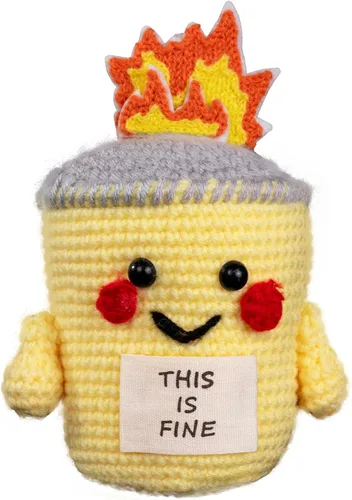 Cute This is Fine Positive Crochet – Contenedor de apoyo emocional juguete de felpa de fuego – Accesorios de escritorio divertidos de oficina