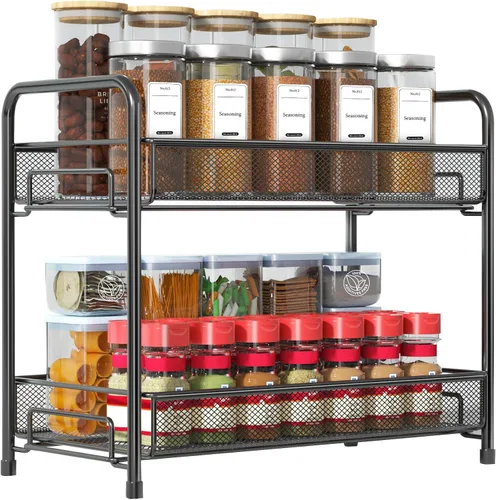 Organizador de especias para encimera, plegable de metal de 2 niveles, a prueba de óxido, estante grande de almacenamiento de condimentos con