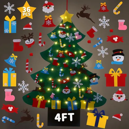 GameXcel Árbol de Navidad de fieltro de 4 pies para niños pequeños con luz LED y 36 adornos, decoraciones de Navidad Montessori DIY - 4 pies Árbol