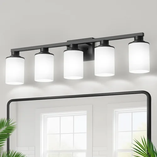 Miniatura 35 de DORESshop Lámparas de baño, 3 luces negras y doradas para baño sobre espejo con pantalla de vidrio transparente, luces de tocador para baño, Negro