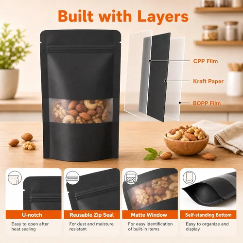 Miniatura 4 de 100 bolsas de papel kraft negro con ventana, bolsas de pie de 3.5 x 5.5 pulgadas, bolsas de almacenamiento de alimentos para productos de embalaje