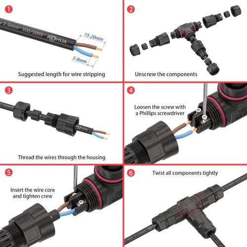 Miniatura 6 de AOHUA Caja de conexiones de 3 vías, conector M20 de 2 pines, 500 V/20 A, conector de cable eléctrico impermeable en forma de T IP68 para cable