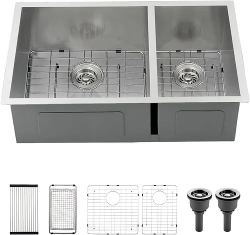 Miniatura 10 de Fregadero de cocina negro de 33 x 17 pulgadas con doble tazón, 33 x 17 x 9 pulgadas, calibre 16, acero inoxidable negro, montaje inferior