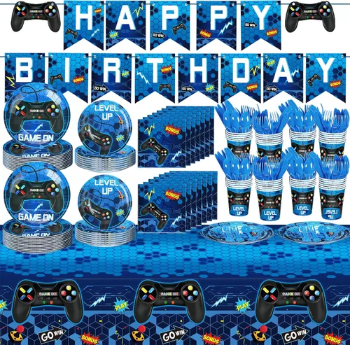 Tiamon 172 piezas de decoración de fiesta de videojuegos – Sirve 24 suministros de vajilla de fiesta de juegos que incluyen pancartas de feliz