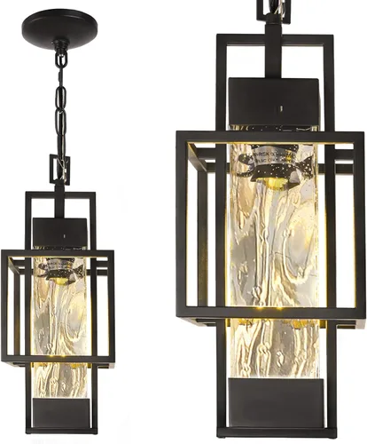 Miniatura 9 de Lámpara colgante de 15 pulgadas para interiores y exteriores, moderna lámpara de araña de metal negro para exteriores, lámpara de techo con vidrio