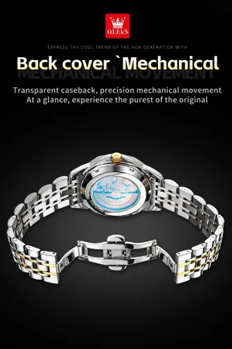 Miniatura 58 de OLEVS Reloj de pulsera automático con diseño de esqueleto para hombre, de lujo, con diamantes de lujo, de acero inoxidable, calendario, reloj