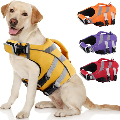 Miniatura 8 de Kuoser Chaleco salvavidas para perros con rayas reflectantes, chaleco salvavidas ajustable para mascotas con alta flotación, traje de baño