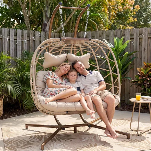 RADIATA Silla colgante de huevo para 2 personas con soporte, silla de huevo doble para exteriores con canasta plegable, silla columpio de mimbre XL