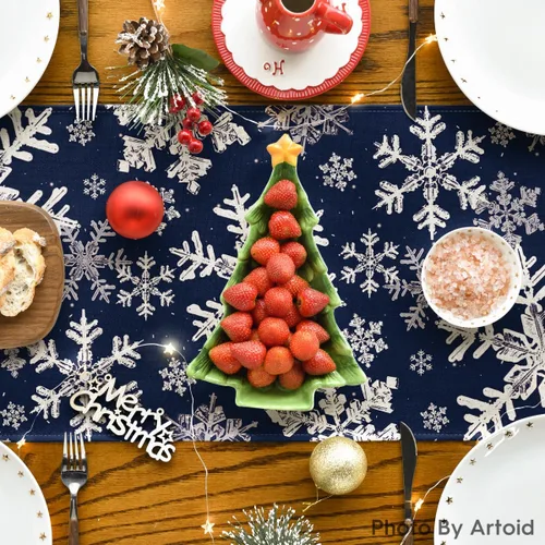 Miniatura 4 de Artoid Mode Camino de mesa de Navidad con copos de nieve azul marino, decoración de mesa de comedor para vacaciones de invierno, para decoración