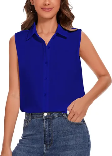 Miniatura 8 de YAMANMAN Camisa sin mangas con botones para mujer, blusa clásica con cuello redondo, camiseta básica de gasa para el trabajo y la oficina