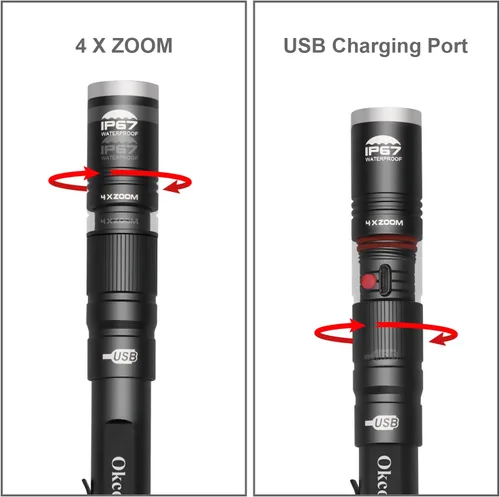 Miniatura 9 de okcomuy Linterna de Lápiz Recargable IP67 Impermeable con Clip de Bolsillo 4-Zoomable, Linterna de Bolsillo Perfecta para Inspección, Trabajo