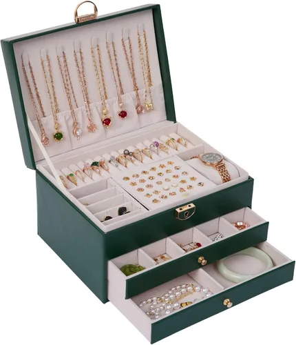 Joyero organizador vintage para anillo y collar, organizador grande de aretes de piel sintética con tres capas de cajón para regalo de Navidad y Año