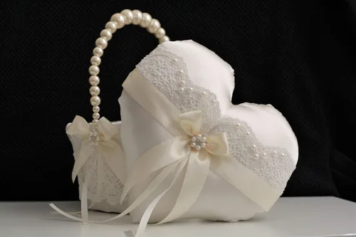 Miniatura 6 de Juego de almohada de portador de anillos de marfil y cesta de niña de flores, almohada de anillo de corazón, cesta de boda de encaje, cesta de mango