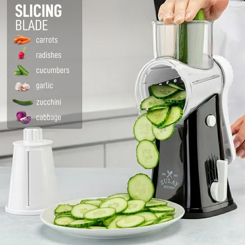 Miniatura 5 de Zulay Kitchen Rallador rotativo de queso de 5 cuchillas, rallador de queso manual de manivela con succión reforzada y 5 tambores intercambiables