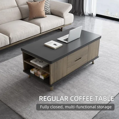 Miniatura 7 de Mesa de centro elevable con 4 taburetes de poliuretano, mesa de centro clásica de color negro con contraste marrón que se convierte en mesa