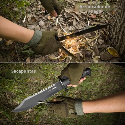 Miniatura 2 de Cuchillo de supervivencia y caza FLISSA con vaina, cuchillo táctico Bowie de hoja fija de 15 pulgadas con afilador y arrancador de fuego
