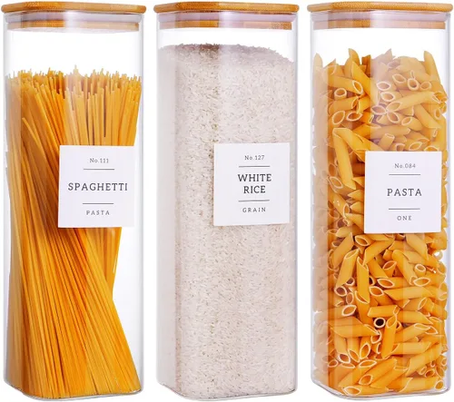 Miniatura 8 de CZZGSM Paquete de 6 tarros cuadrados de almacenamiento de cocina con tapas herméticas de bambú y 132 etiquetas de despensa, recipientes de vidrio