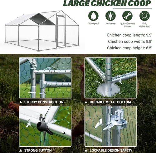 Miniatura 2 de ORANLAND Gallinero de metal grande, 9.9 x 9.9 x 6.6 pies con tapa, corral de pollo con techo de espira con cerradura de seguridad, jaula de conejo
