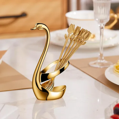 Miniatura 9 de Juego de Soporte para Cucharas de Café Pequeñas Dorado, Base de Cisne con Juego de 12 Cucharas Demitasse para Espresso, Cuchara de Postre Mini